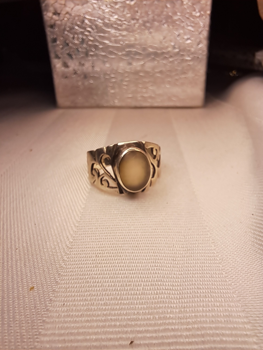Sterling Silver Oval Cream Stone Scroll Ring - Women Jewelry